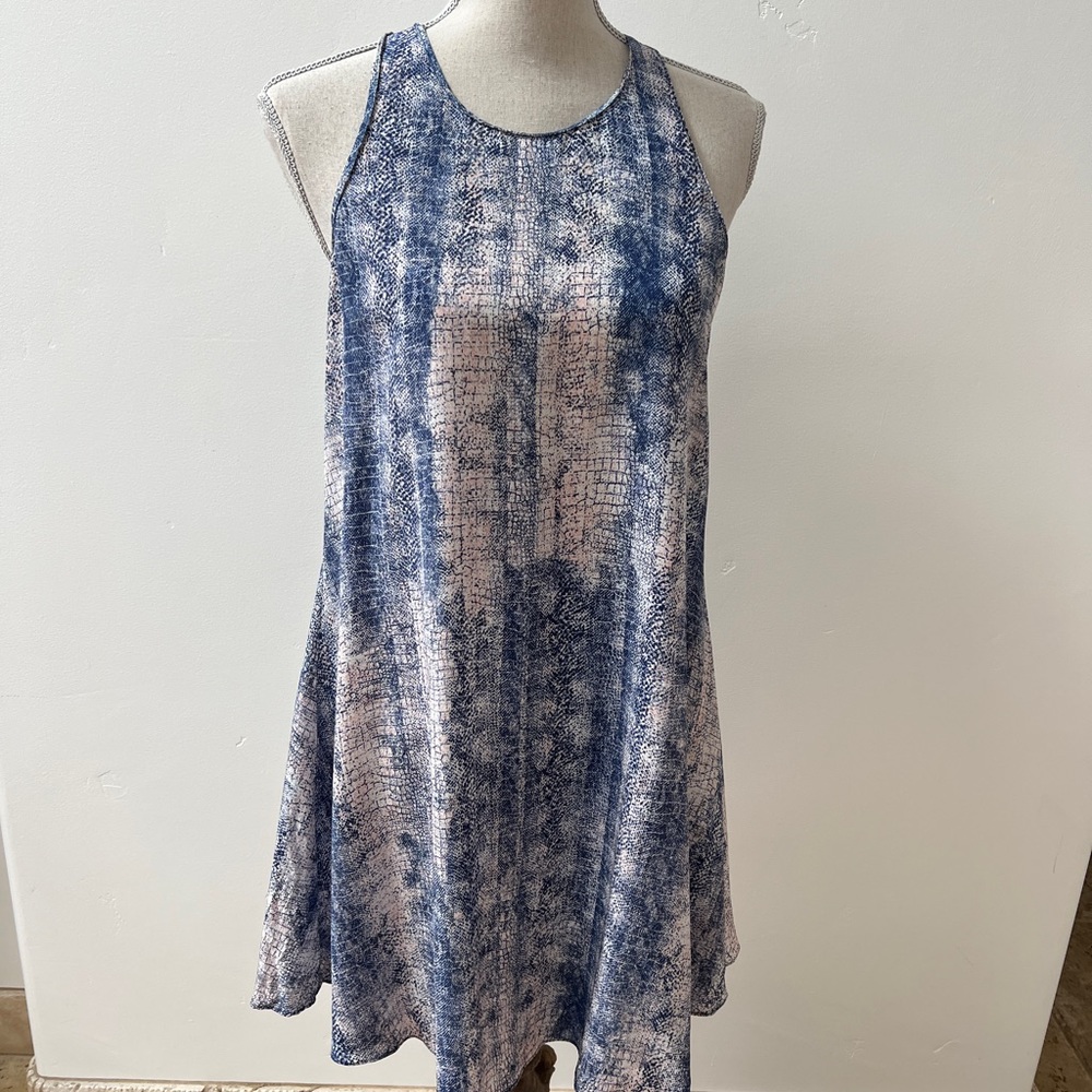 Rory Beca Silk shift dress, blue abstract pattern, sleeveless, Small